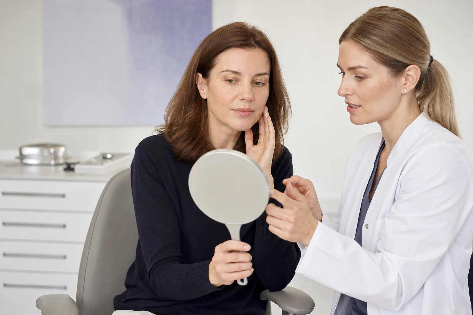 Patiente et professionnelle de santé discutant du visage devant un miroir avant d’éventuelles injections d’acide hyaluronique