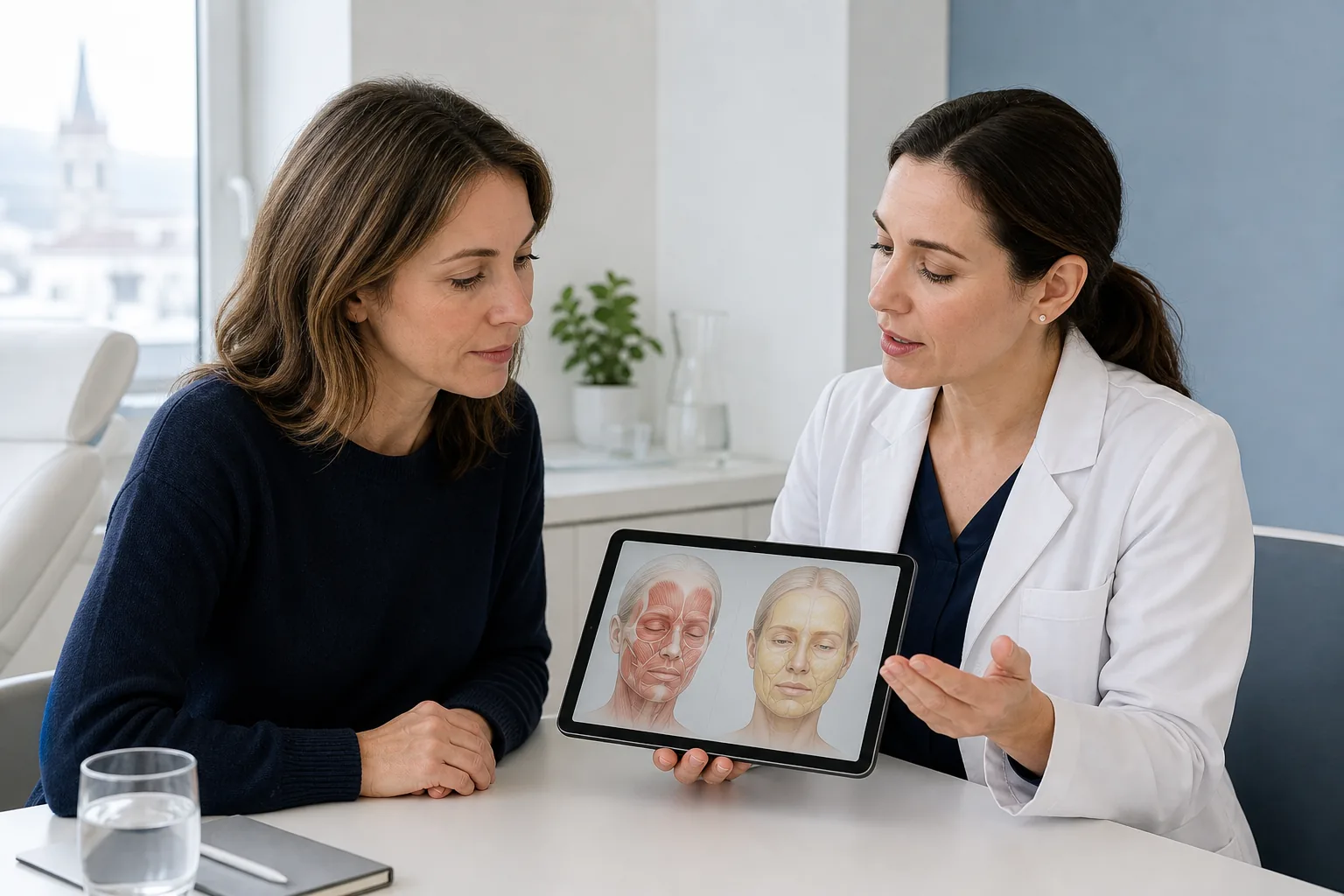 Patiente et médecin comparant sur une tablette l’activité musculaire et les volumes du visage
