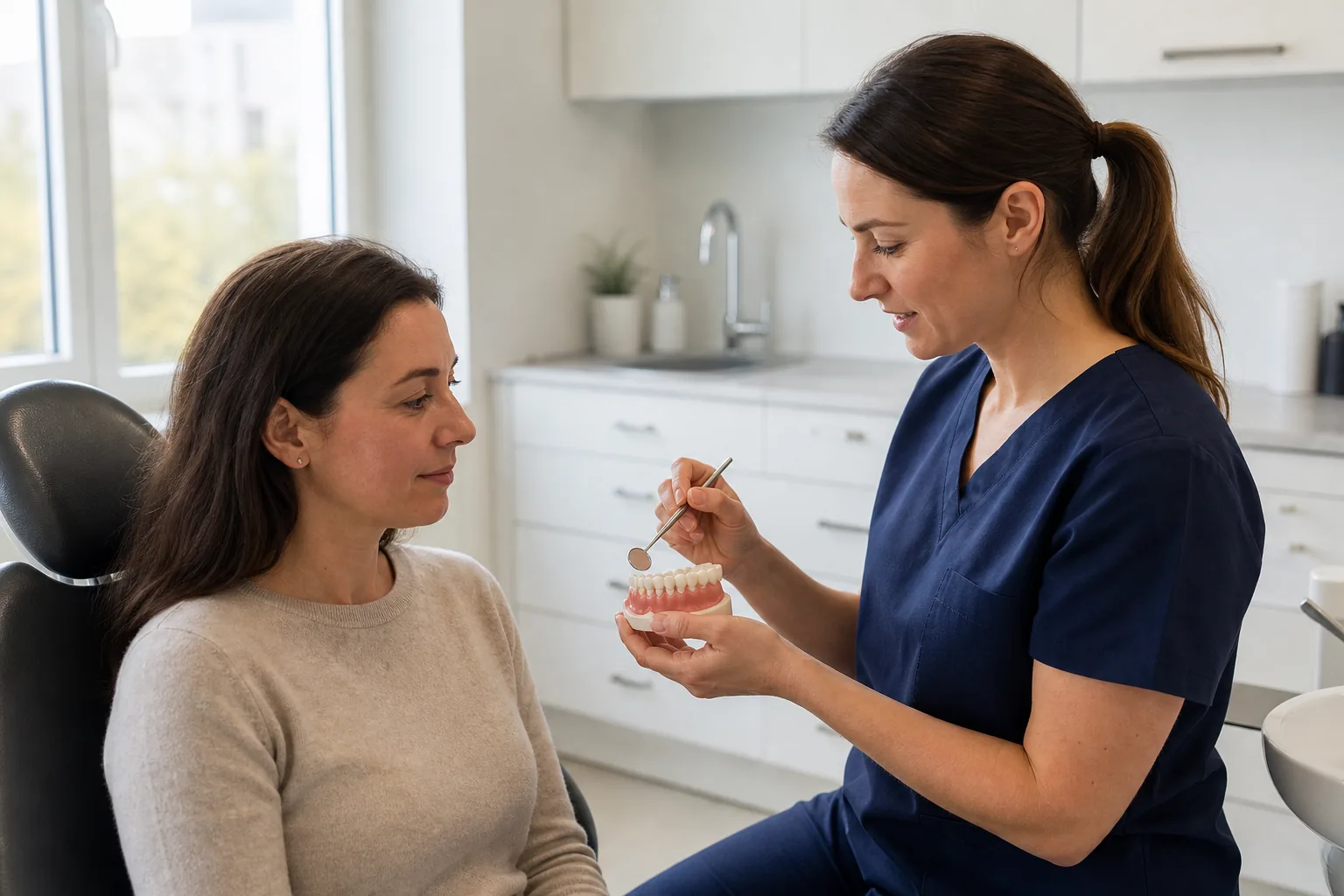 Hygiéniste dentaire expliquant à une patiente l’évaluation du biofilm avant un nettoyage professionnel