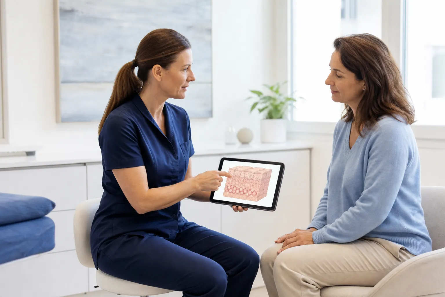 Professionnelle expliquant la structure de la peau à une patiente pendant une consultation sur la cellulite