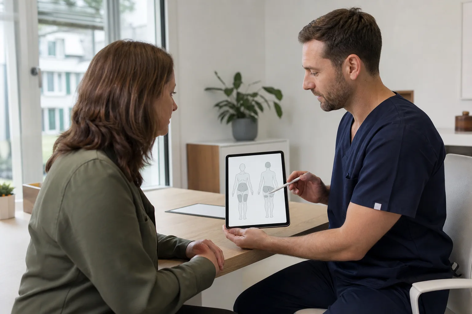 Consultation avant une cryolipolyse avec explication des zones et des limites du traitement