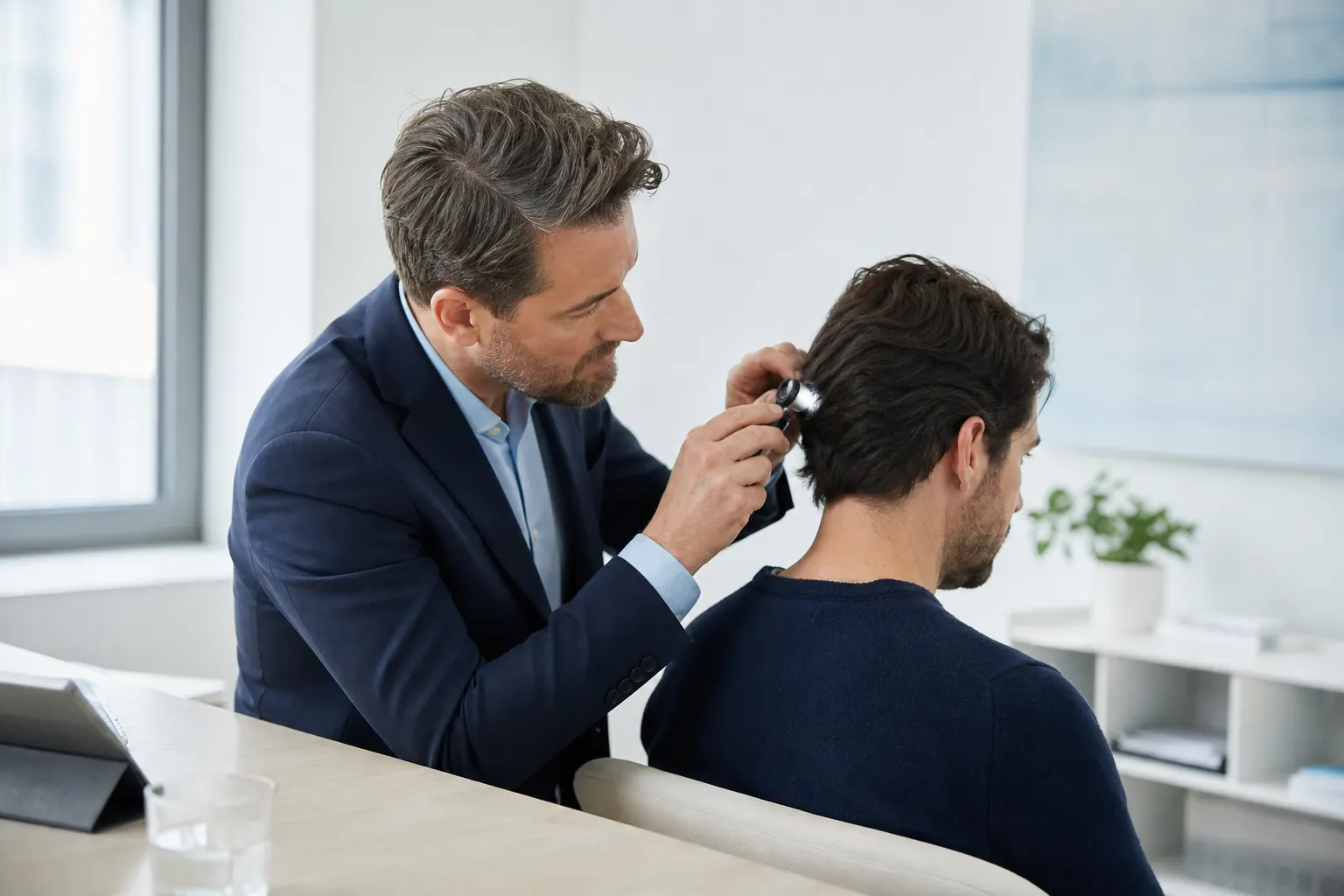 Médecin examinant la zone donneuse des cheveux d’un patient pendant une consultation