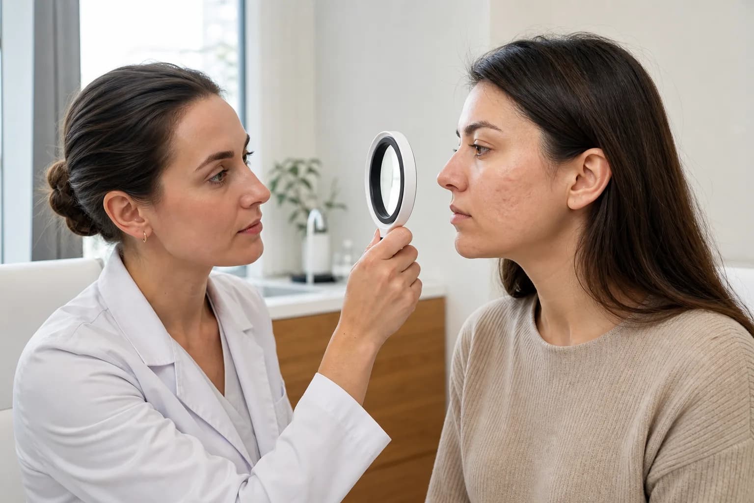 Professionnelle examinant des cicatrices d’acné avant d’évoquer un microneedling