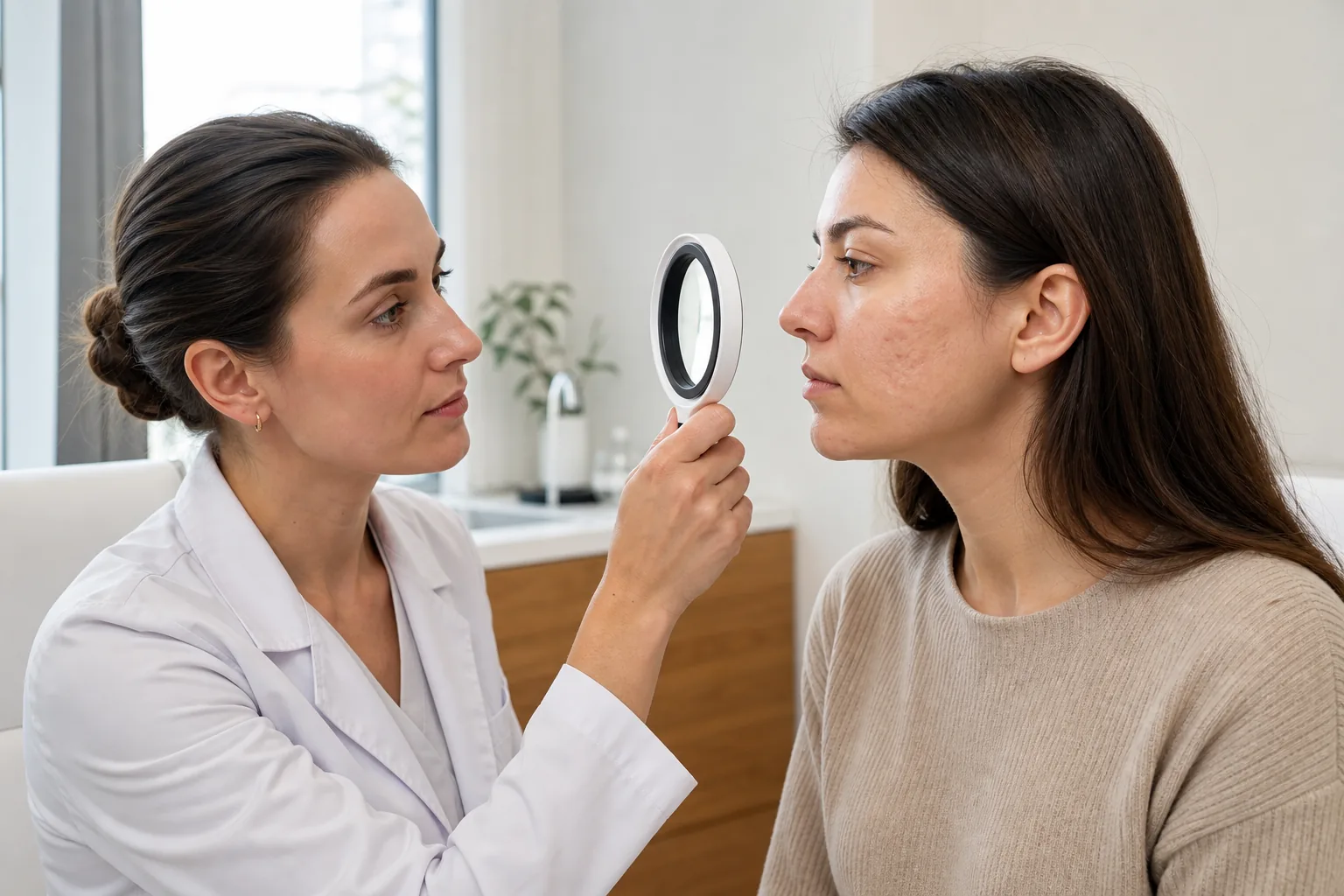 Professionnelle examinant des cicatrices d’acné avant d’évoquer un microneedling