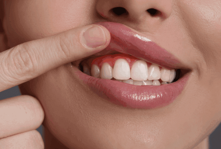 Gencives enflammées avec dents blanches visibles