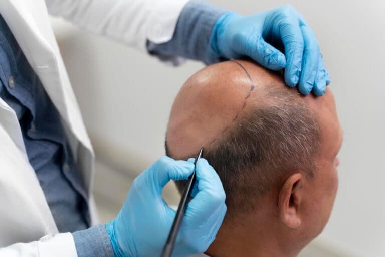 Homme en cours de greffe de cheveux par technique FUE