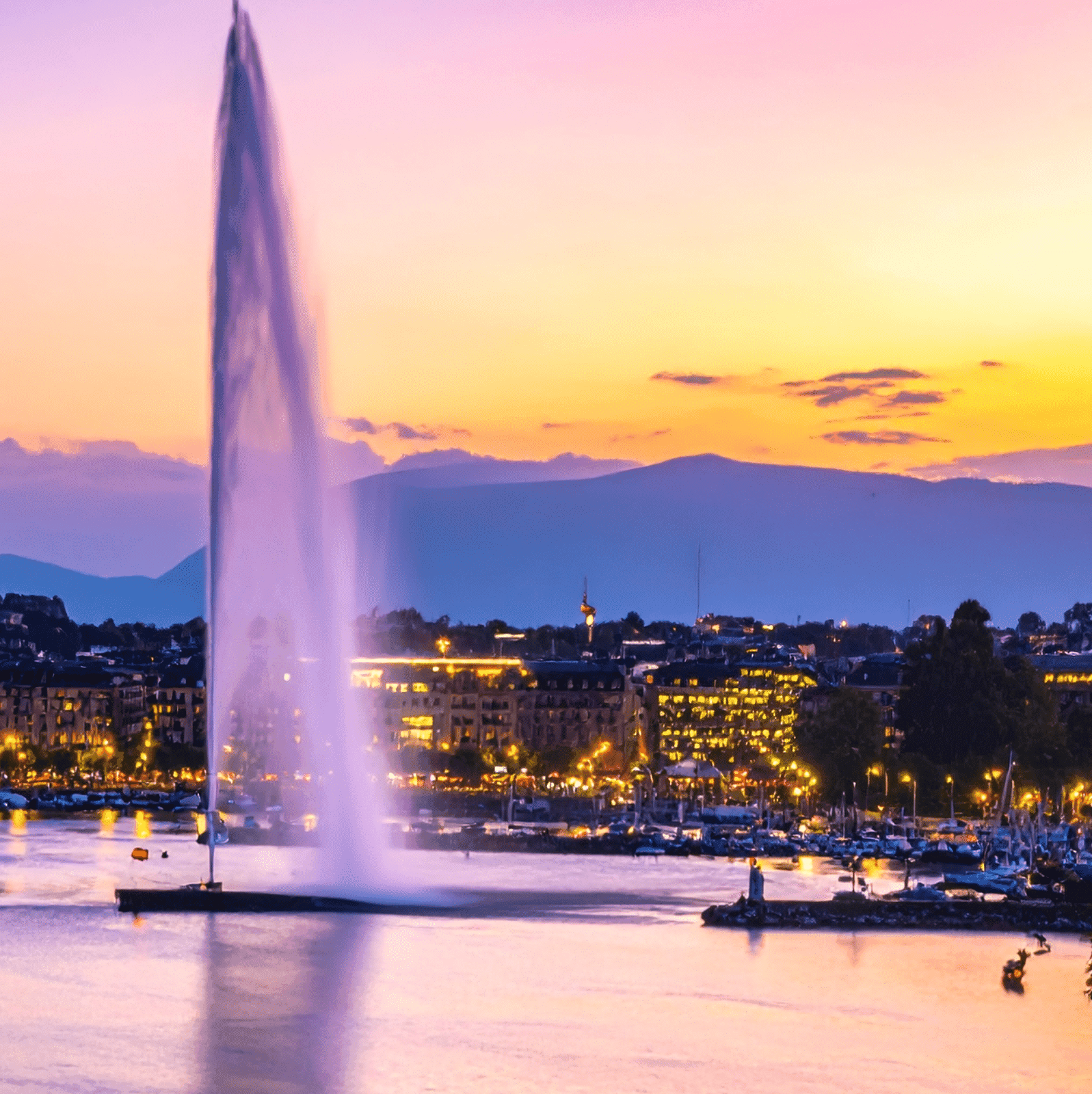 Jet d’eau à Genève au coucher du soleil.