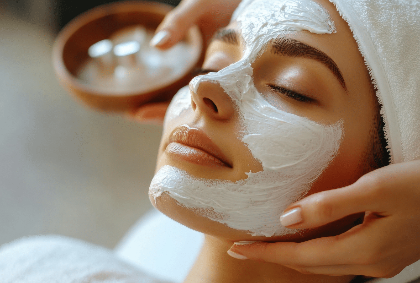 Femme profitant d’un soin de rajeunissement cutané avec un masque appliqué sur le visage.