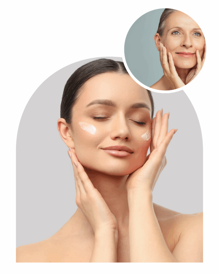 Illustration du rajeunissement de la peau montrant deux femmes à différents âges avec une peau lisse et éclatante.