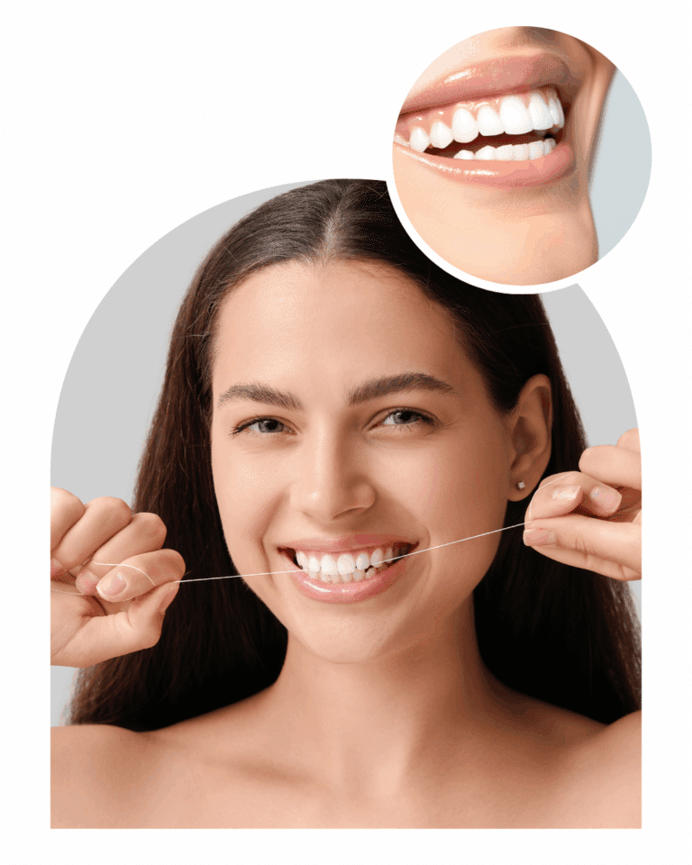 Femme souriante utilisant du fil dentaire pour l’hygiène bucco-dentaire.