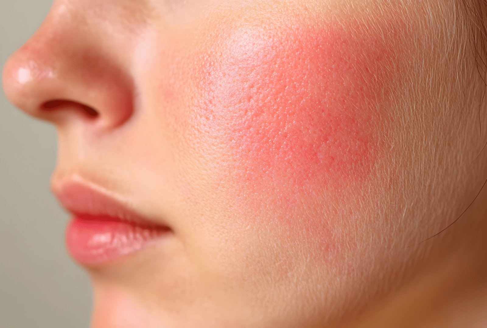 Peau du visage présentant des rougeurs localisées liées à la couperose ou à la rosacée.