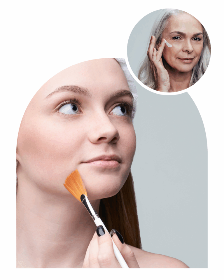 Jeune femme appliquant un soin/traitement sur le visage.