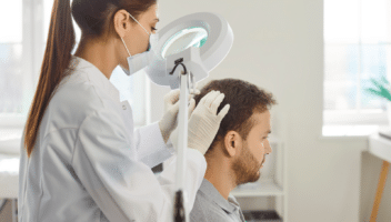 Examen du cuir chevelu chez un homme avant une greffe de cheveux