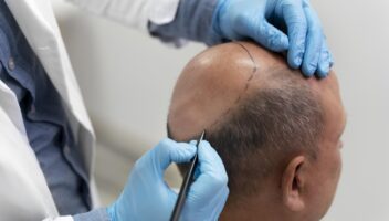 Homme en cours de greffe de cheveux par technique FUE